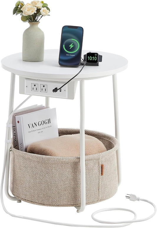 LILEA Collection - Side Table with Charging Station, round End Table with Fabric Basket, Nightstand with USB Ports, for Living Room, Bedroom, Modern, Matte White and Camel Brown ULET228W01