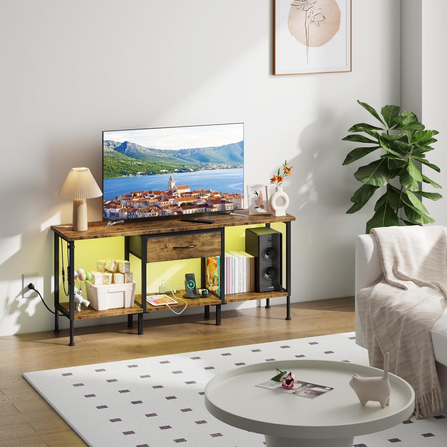 LED TV Stand with Power Outlet and Fabric Drawer for 55 50 45 Inches TV - Entertainment Center and Industrial TV Console Table for Living Room, Bedroom- 47" Rustic Brown