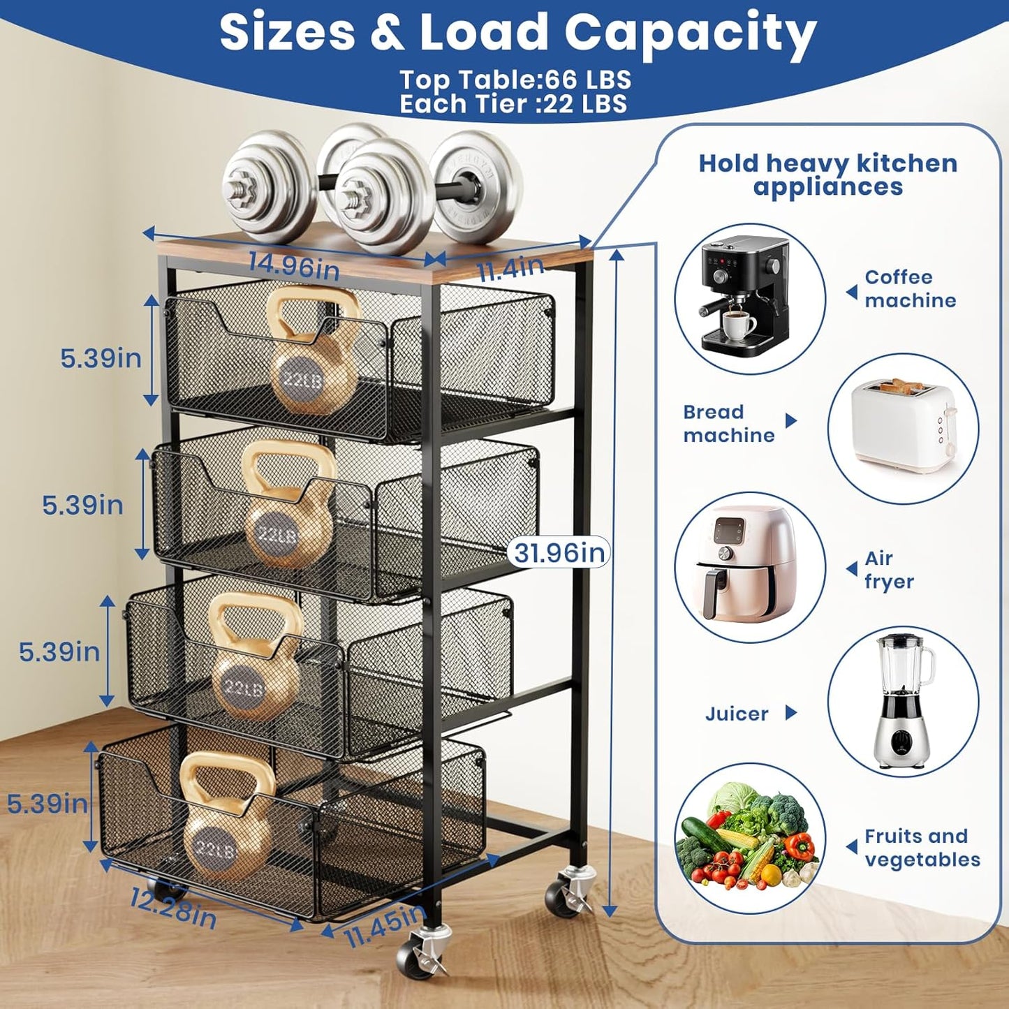 Kitchen Cart with Drawers, 4 Tier Metal Rolling Utility Cart Organizer on Lockable Wheels with Wooden Top, Black Fruit Vegetable Storage Rack Also for Cans, Snack, Craft, Art, Office, Beauty
