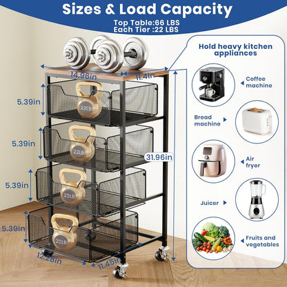 Kitchen Cart with Drawers, 4 Tier Metal Rolling Utility Cart Organizer on Lockable Wheels with Wooden Top, Black Fruit Vegetable Storage Rack Also for Cans, Snack, Craft, Art, Office, Beauty