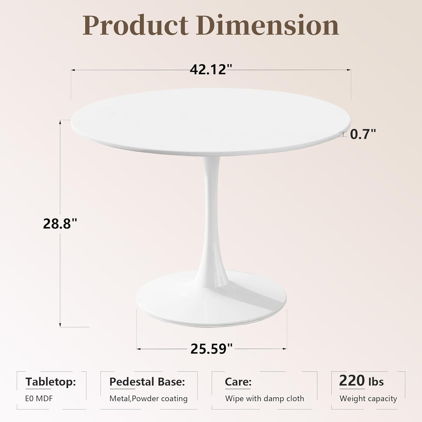 42 Inch round Dining Table,Mid-Century Tulip Table with Metal Pedestal Base,Modern Leisure Table for Small Space Kitchen Dining Room,Easy Assembly,White