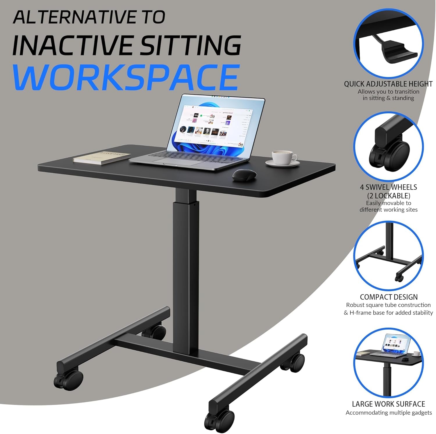 Mobile Laptop Standing Desk Adjustable Height, Small Mobile Desk Workstation with Wheels, Portable Rolling Computer Desk Cart for Home Office Classroom (Black)