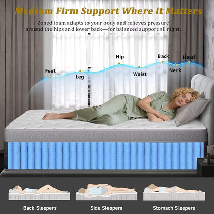 Queen Mattress 12 Inch, Individual Wrapped Pocket Springs Zoned Hybrid Mattress with Gel Memory Foam, Ergonomic Pressure Relief, Enhanced Edge Support, Breathable Comfort Night, 365-Night Trial