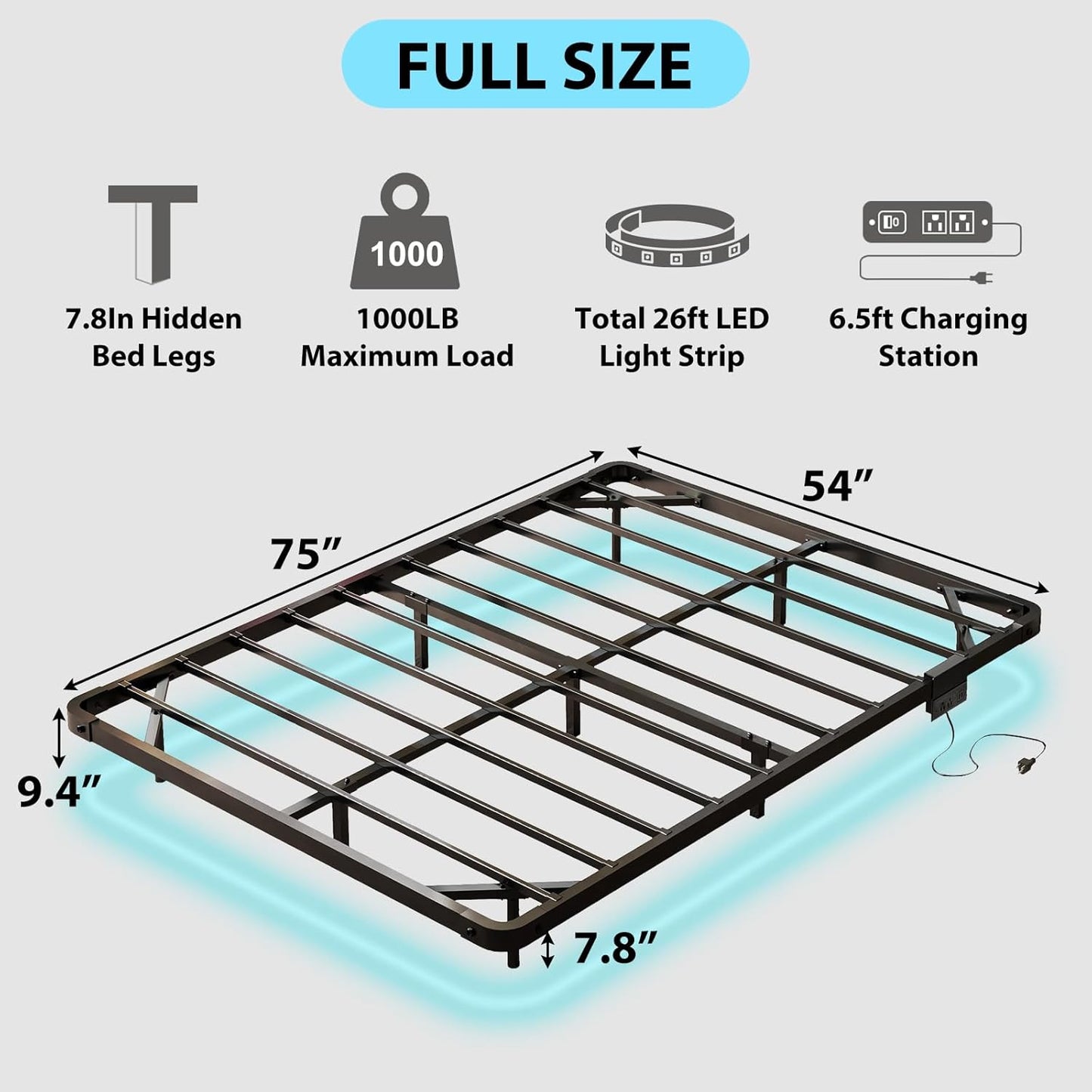 Full Size Floating Bed Frame with Charging Station, Modern Metal Platform Bed Frame with LED Light, Easy Assembly, Black