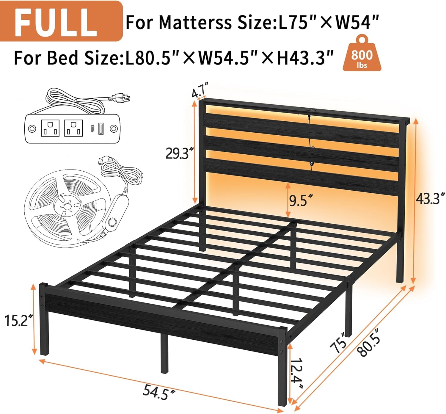 14 Inch Classic Metal Platform Bed Frame-Full Size Bed Frame with Headboard,Steel Slats Support-Led Bed Frame with USB Charging Station,Under Bed Storage,No Box Spring Needed,Noise Free