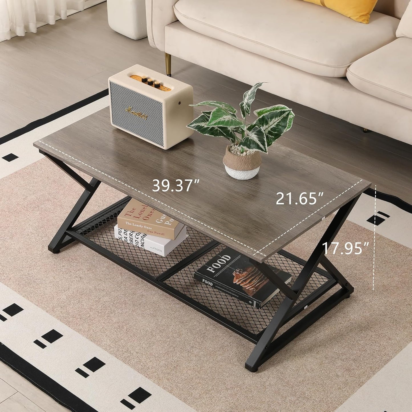 Coffee Table with Storage Shelf, Industrial Metal Wood Living Room Tables, Rectangle Center Table 39 Inch, Vintage Simple 2 Tier Cocktail Table, Grey