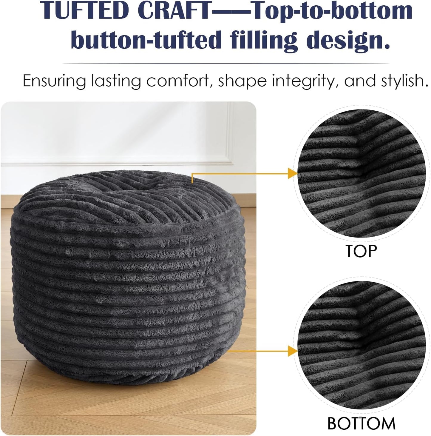 Stuffed round Pouf Ottoman,Corduroy Foot Rest with Shredded Foam Filling, Lightweight and Fluffy Pouf Storage Ottoman for Living Room,Floor Poufs for Couch,20"X 17",Dark Grey