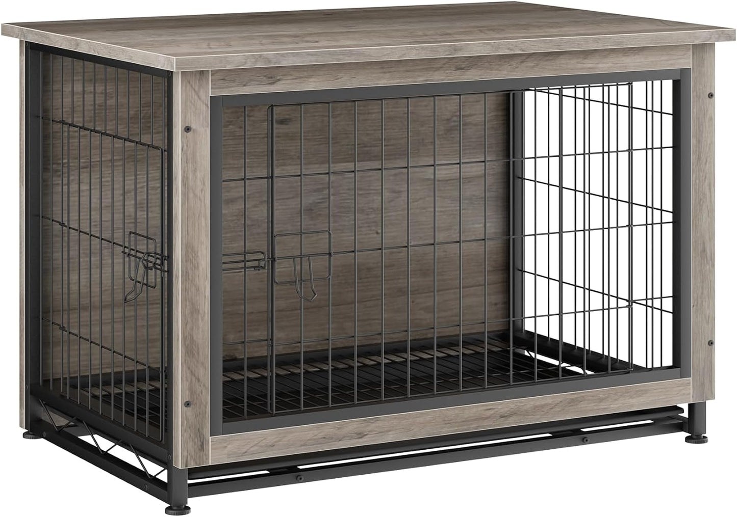 Dog Crate Furniture, Wooden Dogs Crate Table, Double-Doors Dog Furniture, Indoor Dog Kennel, Dog House, Dog Cage/Grey/L