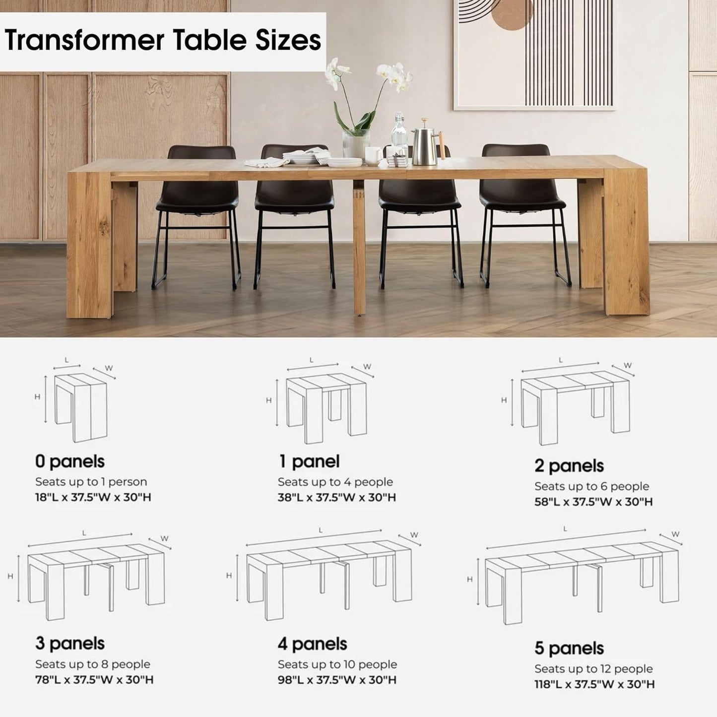 - Solid Wood Extendable Dining Table with Bench and Sideboard Storage, Seats 2-12, Space-Saving Furniture, Scandinavian Oak, Natural Finish (Table + Bench + Coffe Table)