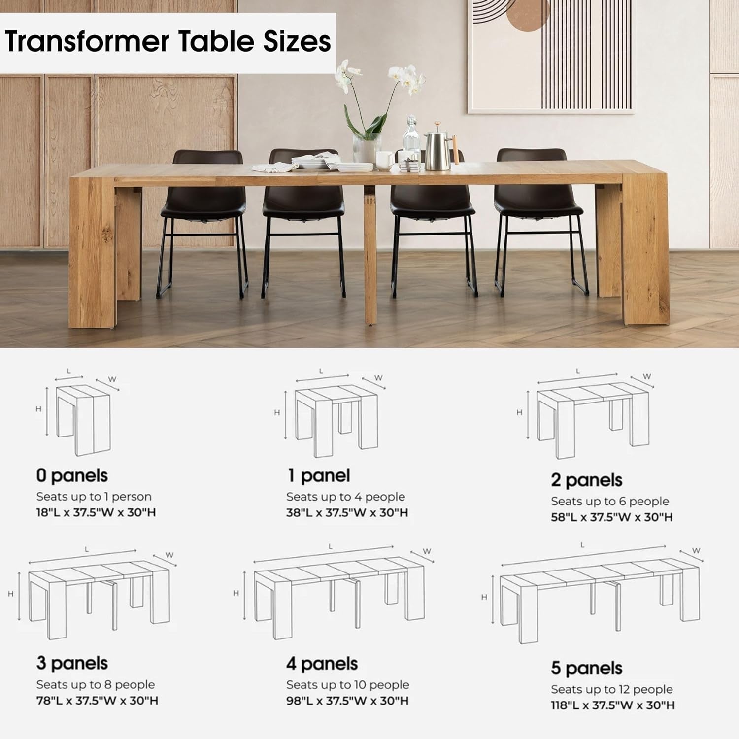 - Solid Wood Extendable Dining Table with Bench and Sideboard Storage, Seats 2-12, Space-Saving Furniture, Scandinavian Oak, Natural Finish (Table + Bench + Coffe Table)