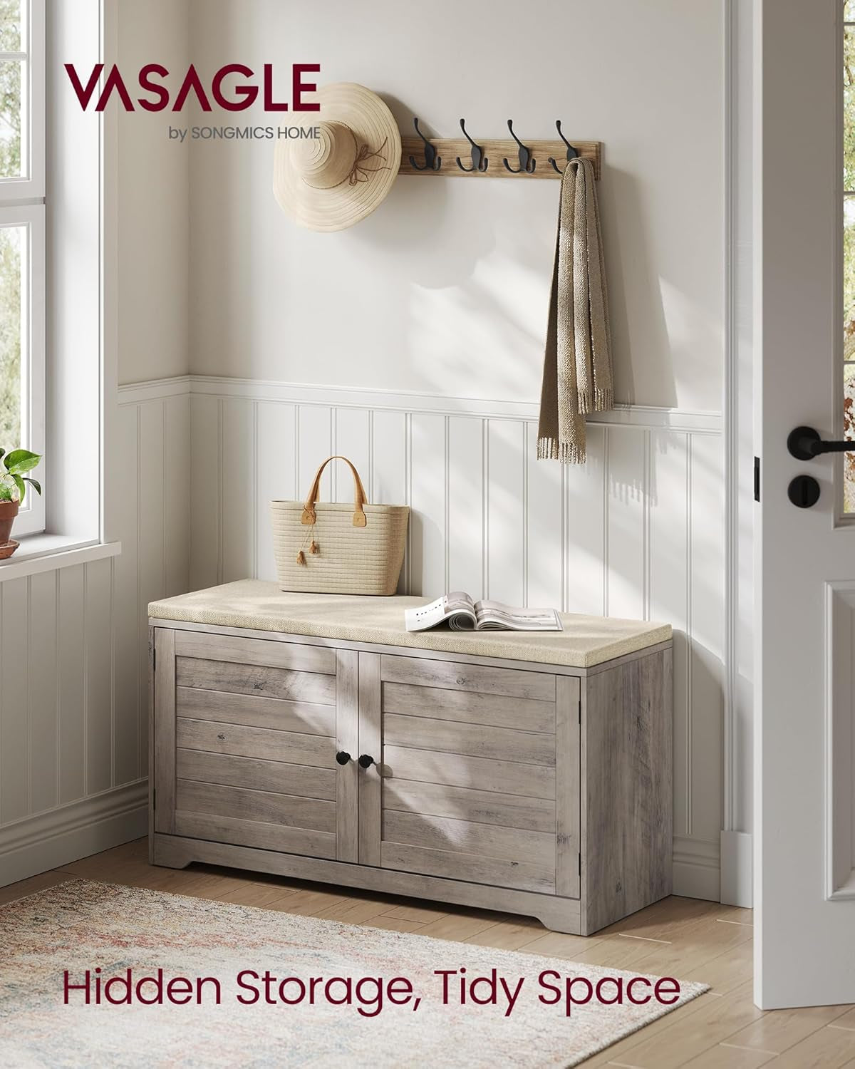 Shoe Storage Bench with Cushion, 3-Tier Entryway Bench with Padded Seat, Doors, Adjustable Shelves, 14 X 39.8 X 20.7 Inches, Hallway, Bedroom, Heather Greige and Cappuccino Beige ULSB044L01