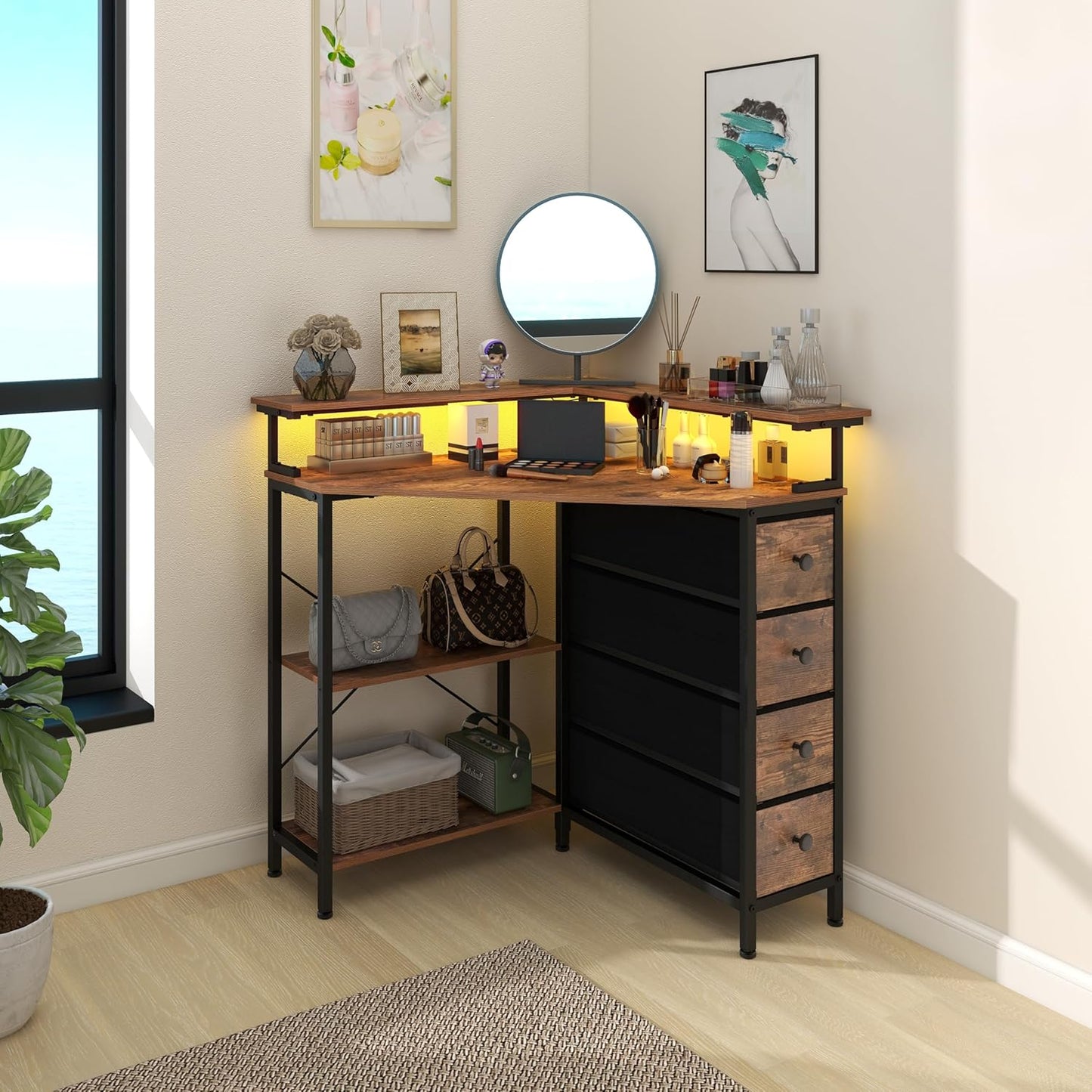 Corner Desk with Drawers Shelves for Small Space 90 Degrees Triangle Computer Desk with Power Outlets,Gaming Desk with LED Lights Monitor Stand for Home Office Workstation Writing Table (Brown)