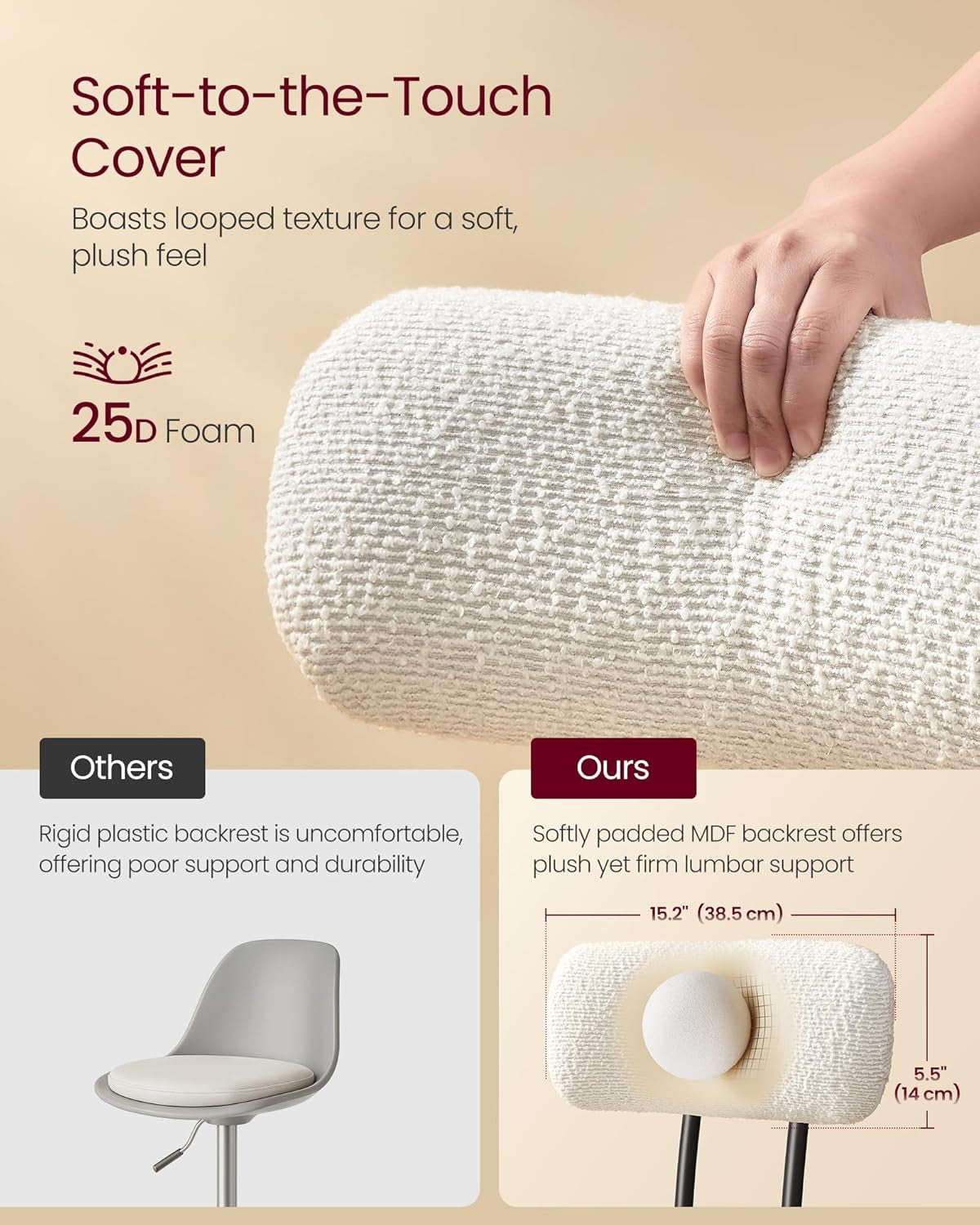 360° Swivel Bar Stools Set of 2, Counter Height Bar Stools with Back, Boucle Fabric, Contemporary Modern, 25.4 Inch Tall, Kitchen and Home Bar, Cloud White ULBC130W01V1