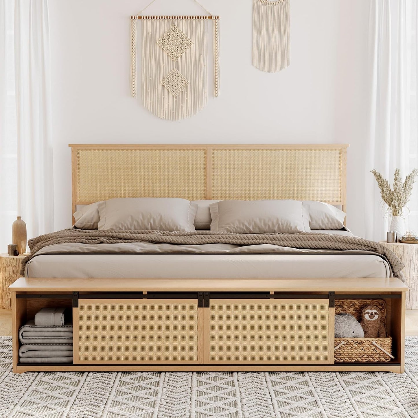 Natural Rattan Queen Size Bed Frame with Sliding Barn Door Storage Cabinets and LED Light Headboard, Boho Farmhouse Wood Platform Bed with Solid Wood Legs Support, No Box Spring Needed