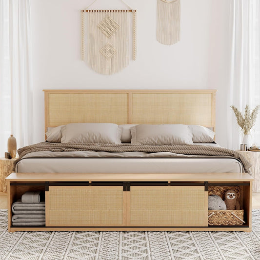 Natural Rattan Queen Size Bed Frame with Sliding Barn Door Storage Cabinets and LED Light Headboard, Boho Farmhouse Wood Platform Bed with Solid Wood Legs Support, No Box Spring Needed