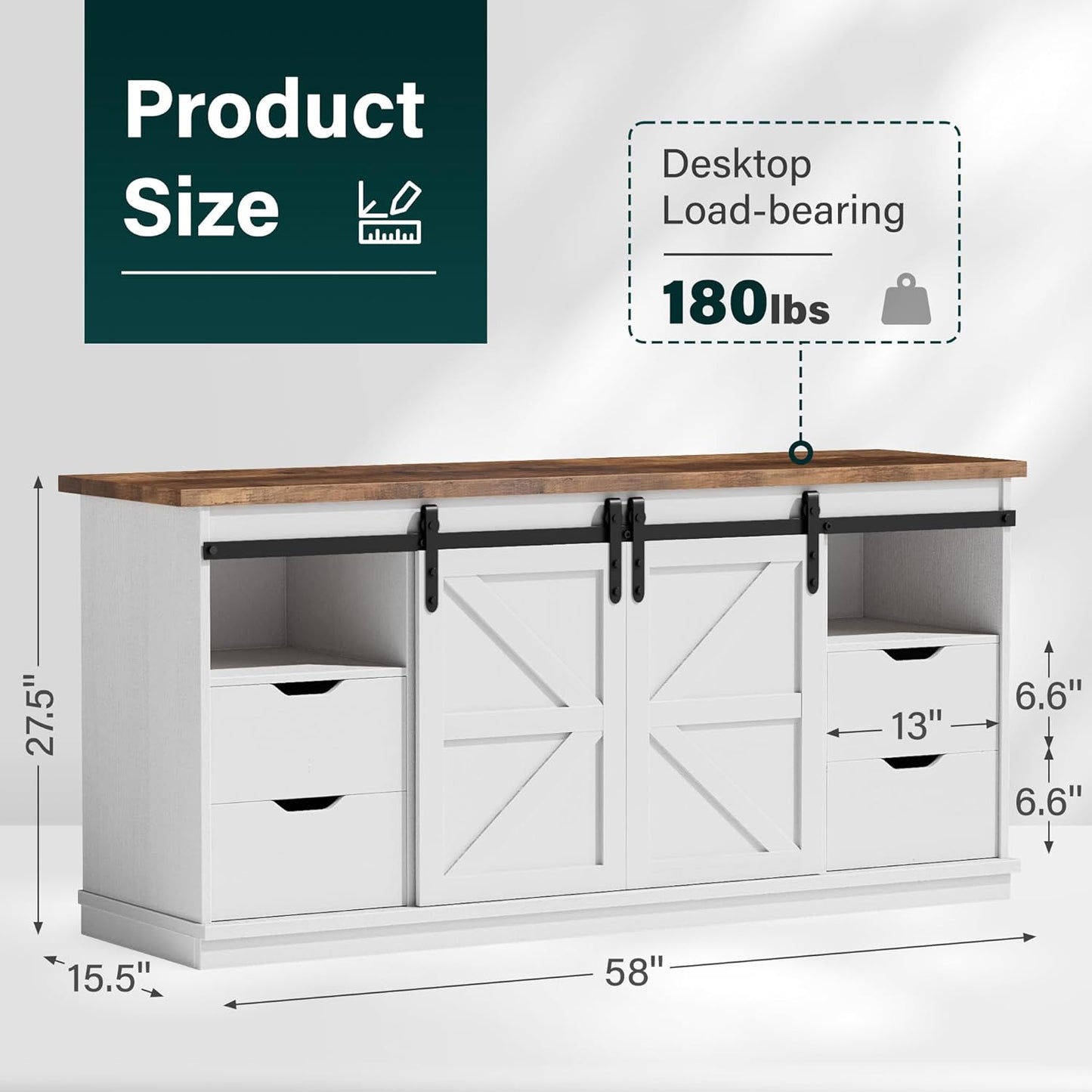 TV Stand with 4 Drawers for 65 Inch TV, Entertainment Center with Storage Cabinets and Sliding Barn Doors, Mid Century Modern Media TV Console Table for Living Room Bedroom (Bright White)