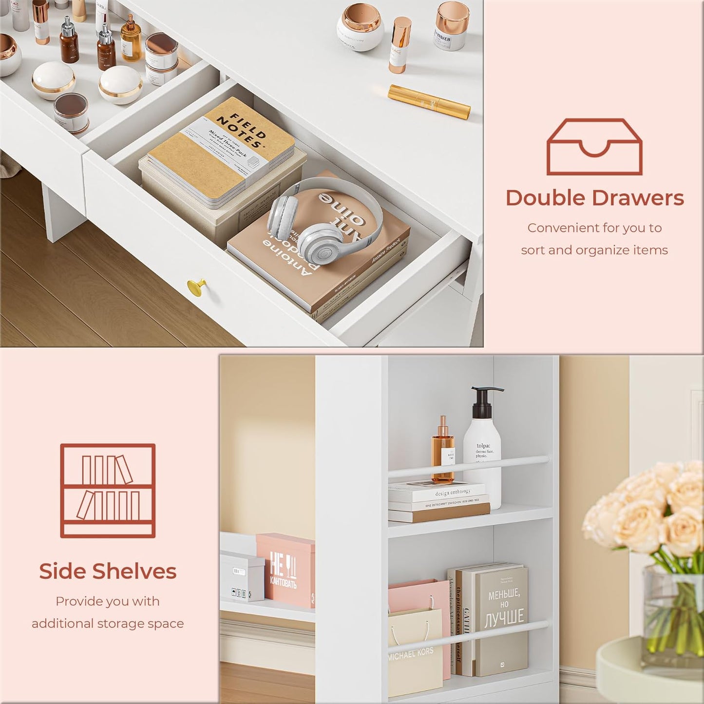 Vanity Desk with Mirror and Lights, Small Makeup Vanity Table with 3 Color Modes, 2 Drawers, 2 Side Shelves & Open Storage Shelves, Dressing Table for Bedroom,White