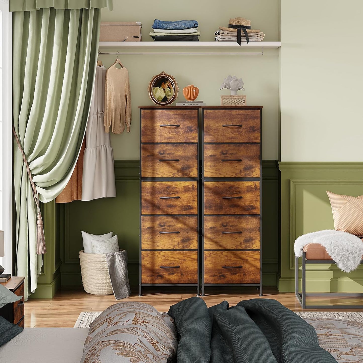 Fabric Dresser, 5-Drawer Tall Dresser for Bedroom, Storage Organizer with Fabric Bins, Wood Top, Sturdy Steel Frame, Chest of Drawers for Closet, Hallway, Rustic Brown Wood Grain Print