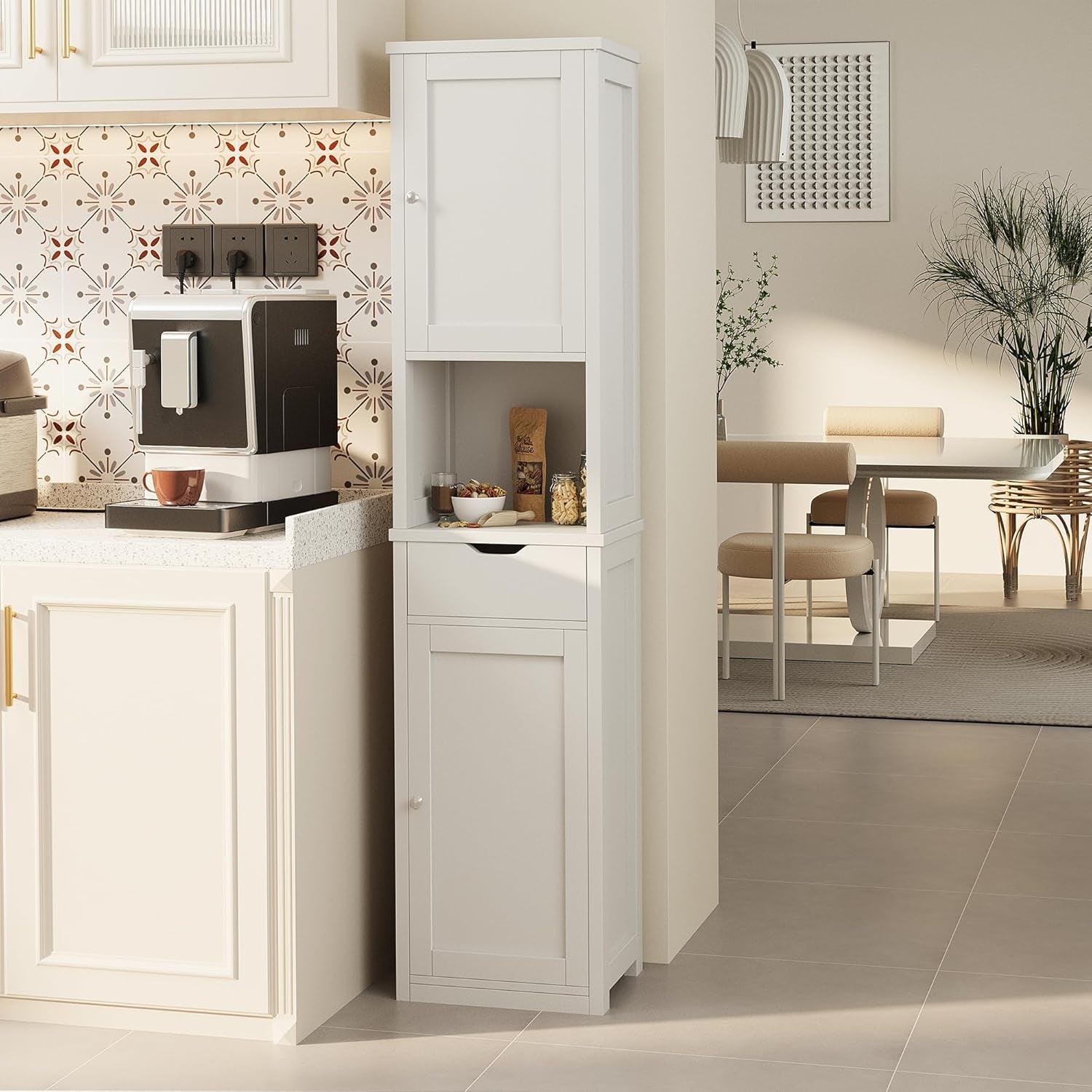Tall Bathroom Storage Cabinet, Slim Corner Floor Cabinet with Doors and Drawer, Freestanding Narrow Bathroom Organizer with Adjustable Shelves for Small Space, White