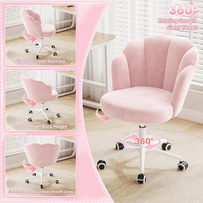 Office Vanity Chair with Wheels, Comfy Desk Chair with Back, Armless Home Office Desk Chair Hight Adjustable & 360° Swivel, Makeup Task Chair for Bedroom, Study Room, Blush Pink