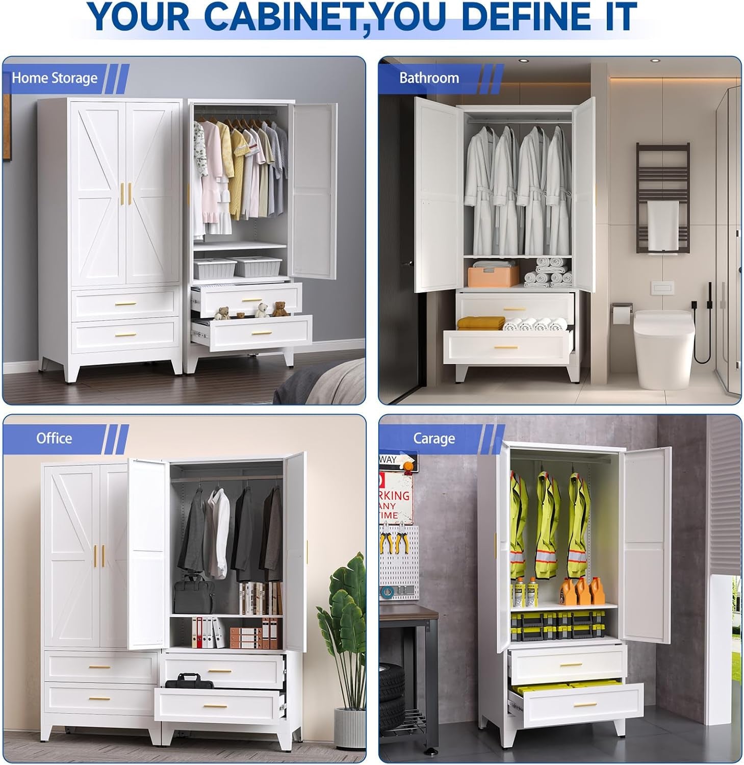 Steel Armoire Wardrobe Closet, 71" Metal Clothing Storage Cabinets with 2 Doors, 2 Drawers and 1 Adjustable Shelf, White Wardrobe Cabinet with Hanging Rod for Bedroom