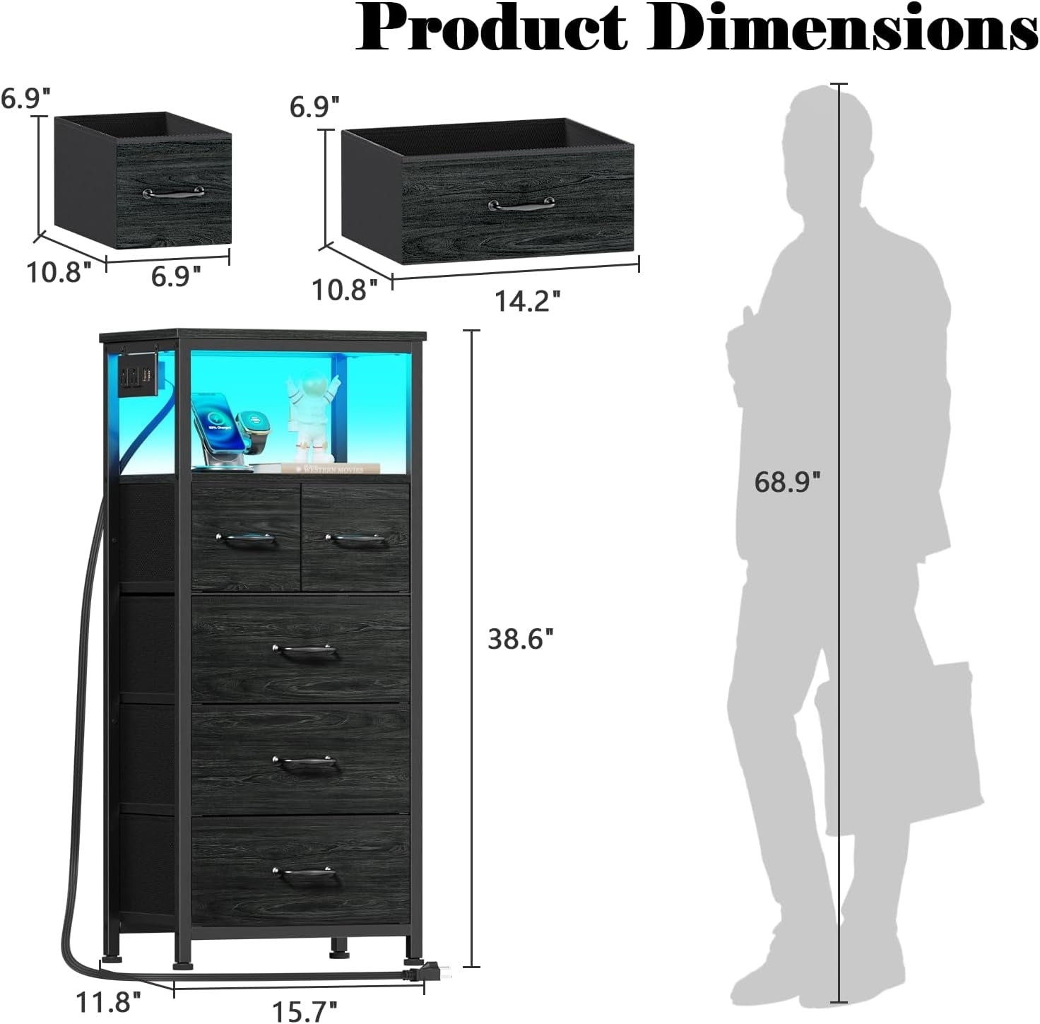 Dresser for Bedroom, Tall Nightstand, Vertical Chest with Wood Top, Charging Station, LED Lights, 5 Fabric Bins, Bedside Table with Shelf, Furniture for Entryway (5 Drawer, Black Oak)