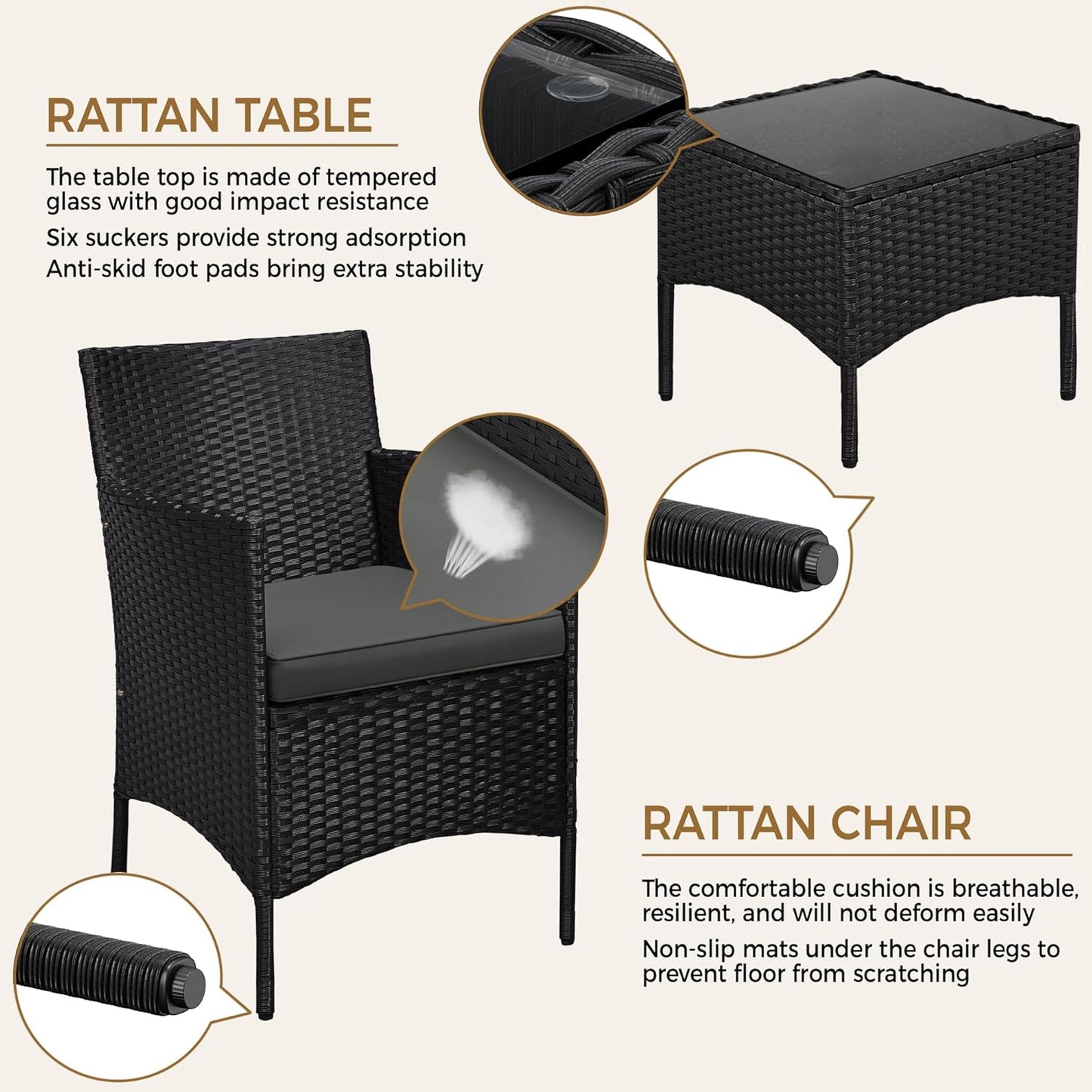 3 Pieces Patio Porch Furniture Set, Outdoor PE Rattan Wicker Conversation Set with Soft Cushions, Glass Coffee Table & 2 Chairs for Garden/Deck/Courtyard/Poolside, Black/Gray