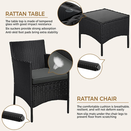 3 Pieces Patio Porch Furniture Set, Outdoor PE Rattan Wicker Conversation Set with Soft Cushions, Glass Coffee Table & 2 Chairs for Garden/Deck/Courtyard/Poolside, Black/Gray