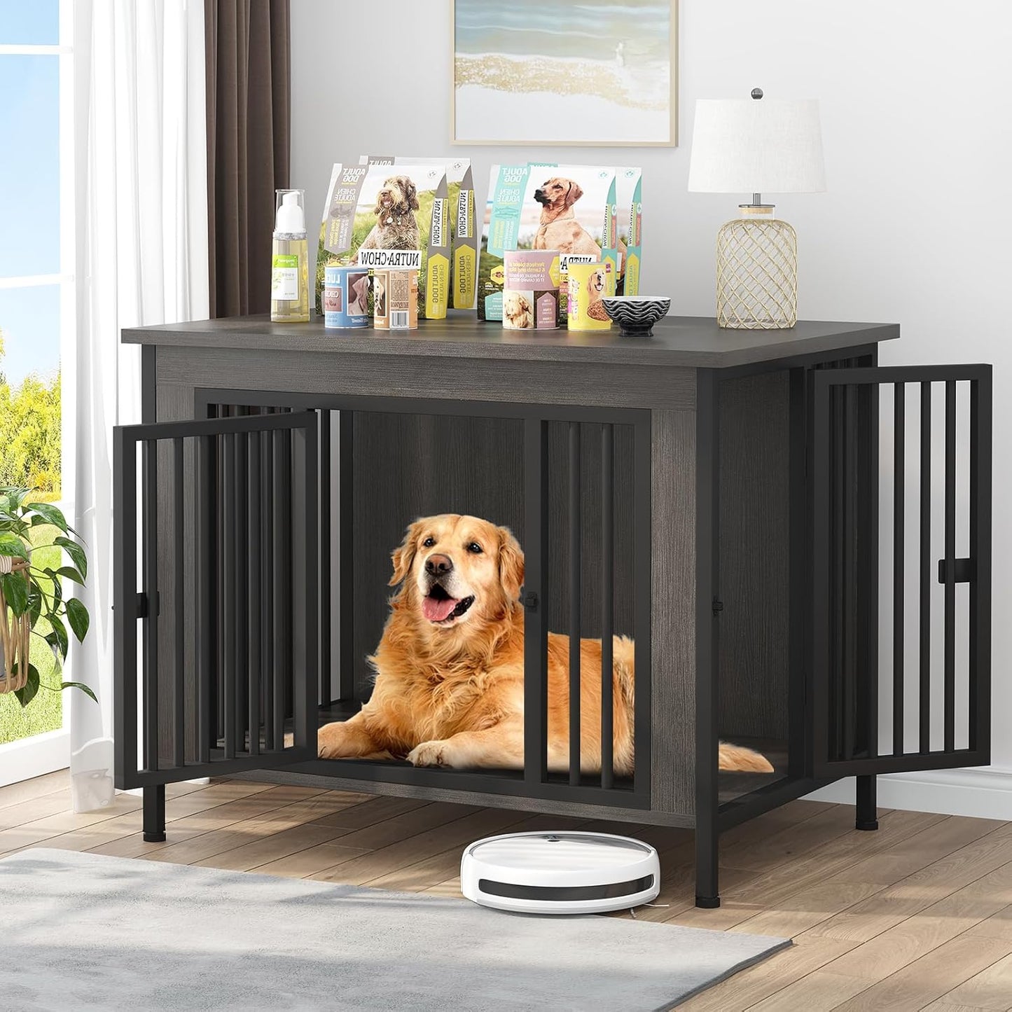 Dog Crate Furniture for 1 or 2 Dogs, Heavy Duty Single/Double Dog Crates for Small/Medium/Large Dogs, Dog Kennel Furniture Indoor as TV Stand, Large Size 39.96" L(35-60 Pounds), Dark Grey