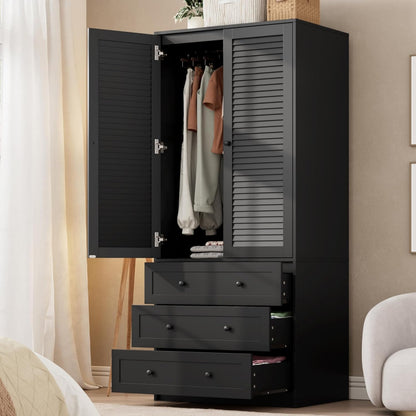 Armoire Wardrobe Closet with Drawers, 69.5 in Wooden Wardrobe Cabinet with Hanging Rod, 2 Doors Clothing Storage Cabinet for Bedroom, Large Capacity Storage, Louvered Door, Black