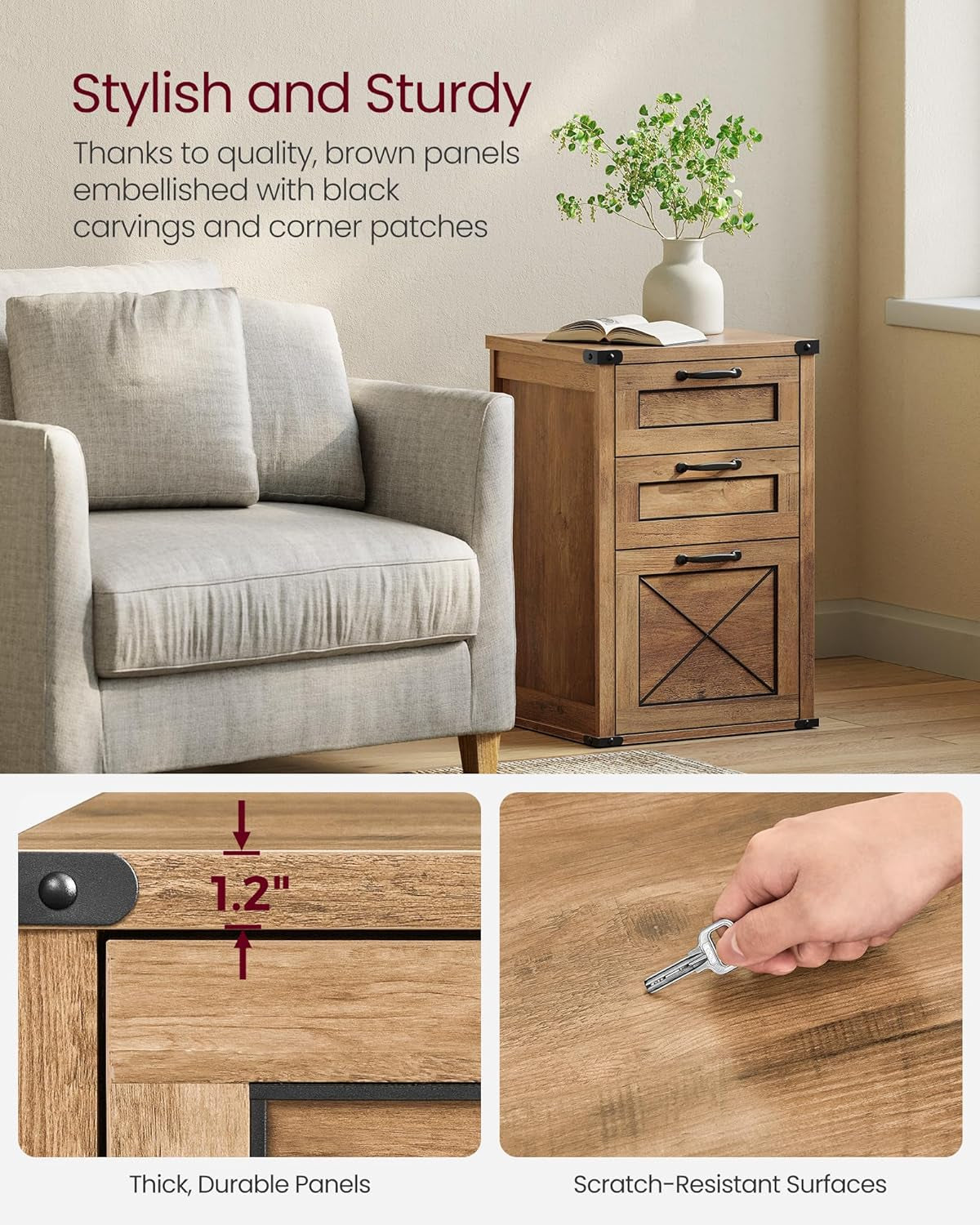 File Cabinet, Filing Cabinet with 3 Drawers, Printer Stand, Fit A4, Letter Size, Hanging File Folders, Modern Farmhouse Style, for Home Office, Honey Brown UOFC054T41