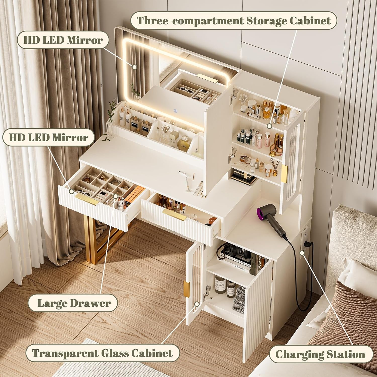 45" Modern Makeup Vanity Desk with Mirror and Lights, Makeup Vanity with 5 Shelves& 2 Drawers and Cabinet, Vanity Table with Power Outlet, 3 Color Adjustable Lighting Dressing Table Set for Bedroom