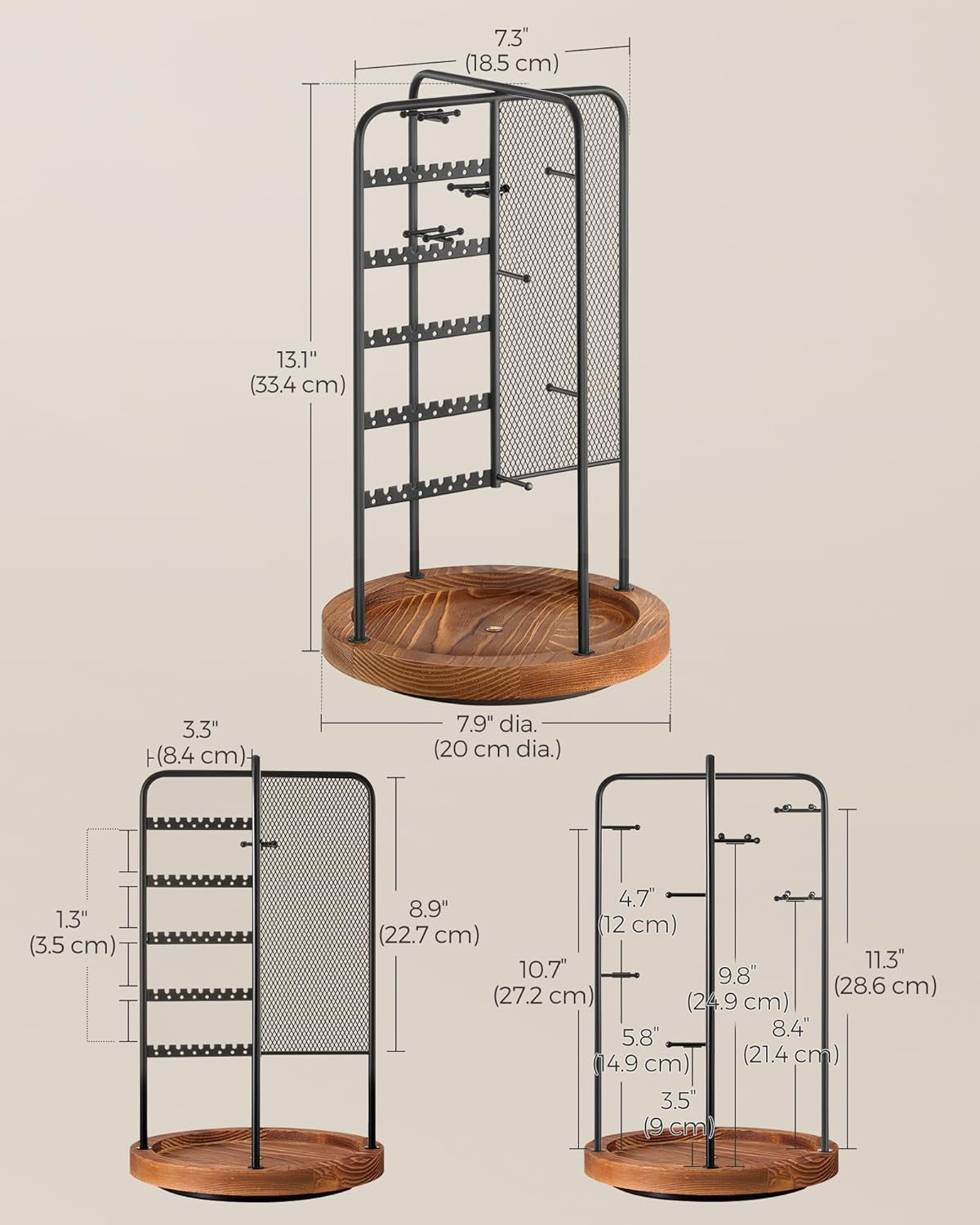 Jewelry Stand, Rotating Jewelry Display, 4 Independent Sections, Metal Frame, with Bottom Tray, Jewelry Organizer for Necklaces, Bracelets, Earrings, Rings, Gift Idea, Black UJJS023B01