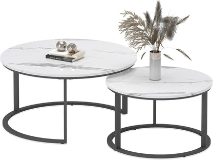 round Coffee Table Nesting Tables Set of 2, Large : Ø 33.5", Small : Ø 25.7", Modern Design Coffee Tables for Living Room, Metal Frame Circle Cocktail Table, High Glossy Faux White Marble