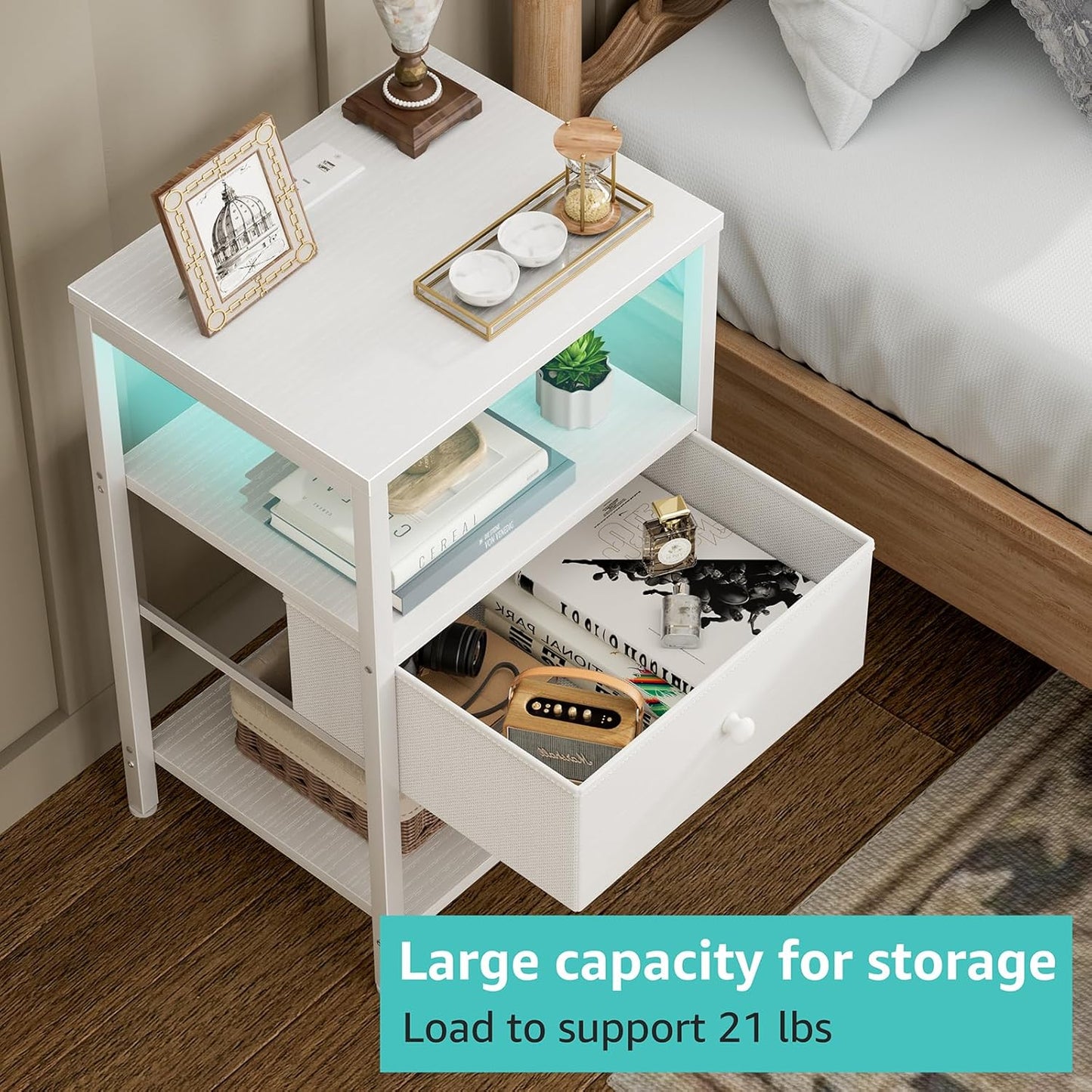 White Nightstand with Charging Station, LED Night Stand with Fabric Drawers and Shelf, Bedside Table with USB Ports and Outlets, Bedroom Nightstand Modern