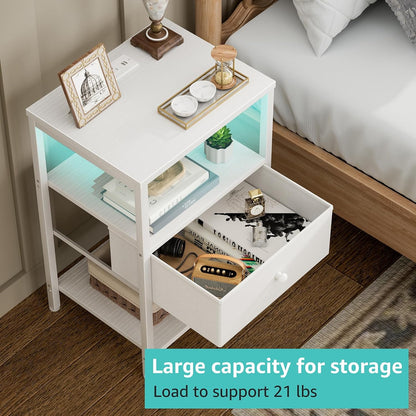 White Nightstand with Charging Station, LED Night Stand with Fabric Drawers and Shelf, Bedside Table with USB Ports and Outlets, Bedroom Nightstand Modern