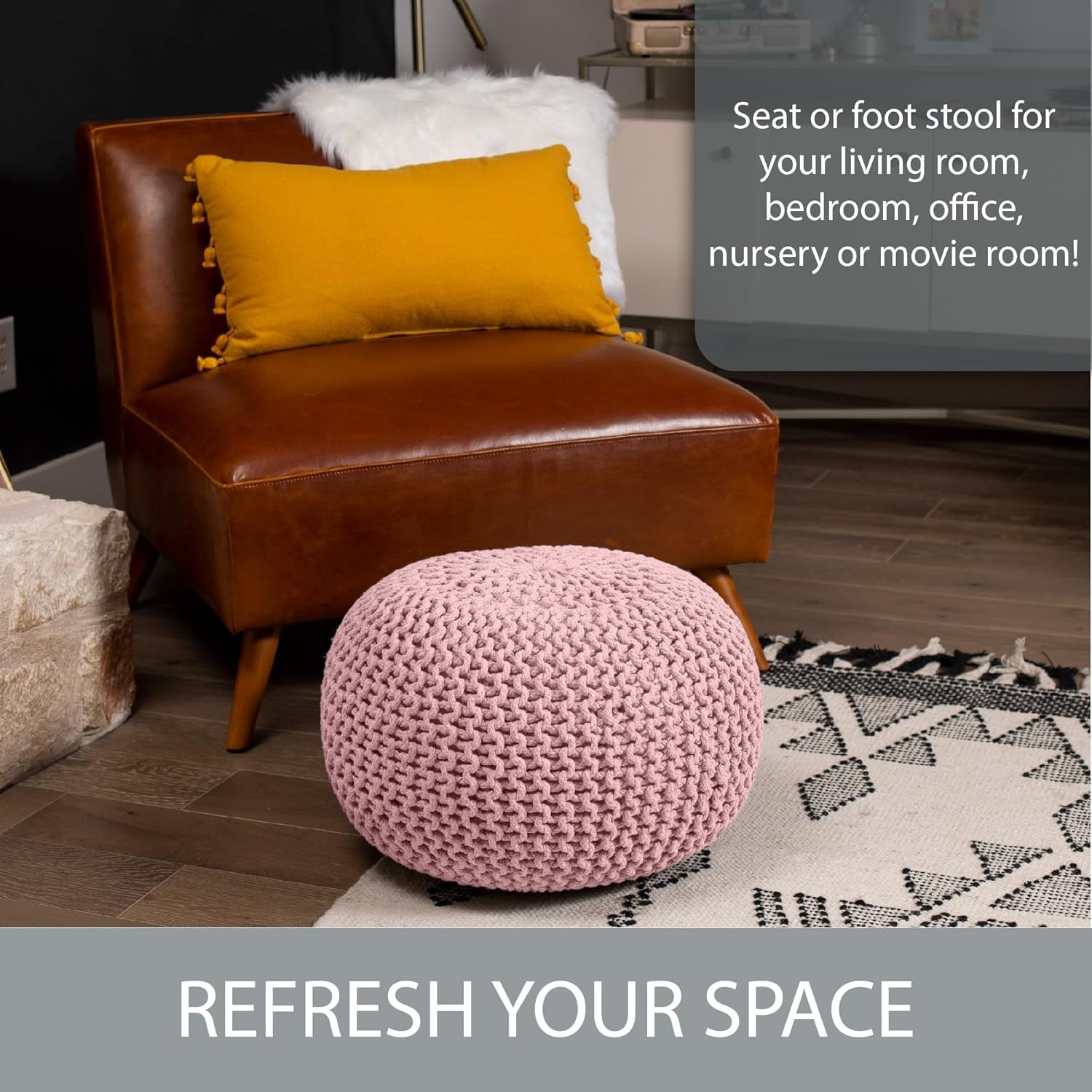 round Pouf Ottoman | Cotton Braided Foot Stool with Bean Bag Filling | Boho Foot Rest for Living Room & Bedroom | Compact & Comfortable Seating, Lightweight & Soft | Dusty Rose