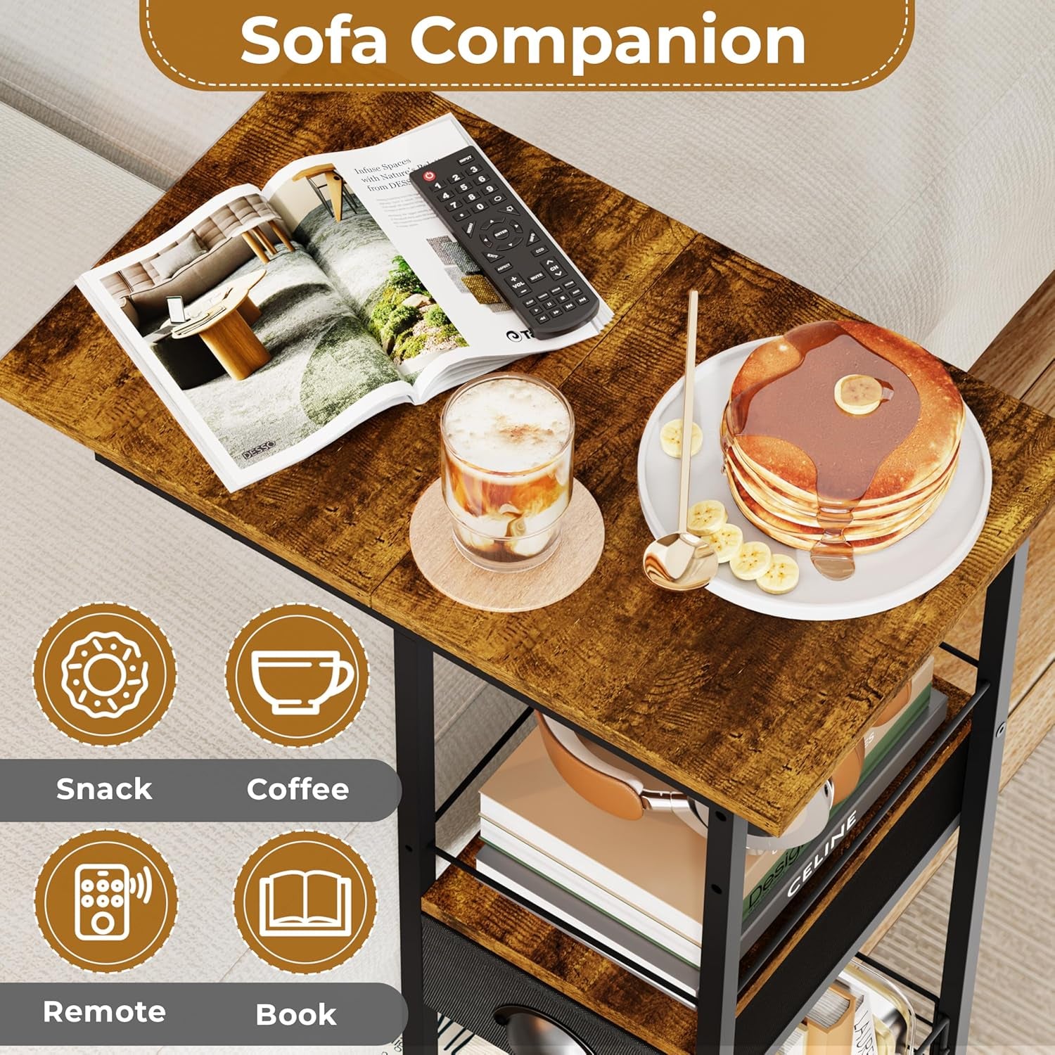 C Shaped Sofa Side Table with Wheels, Rolling Small Coffee Table with Drawer, Portable TV Tray Table for Couch, Bedside Table with Storage, Narrow Nightstand for Bedroom, End Tables Living Room