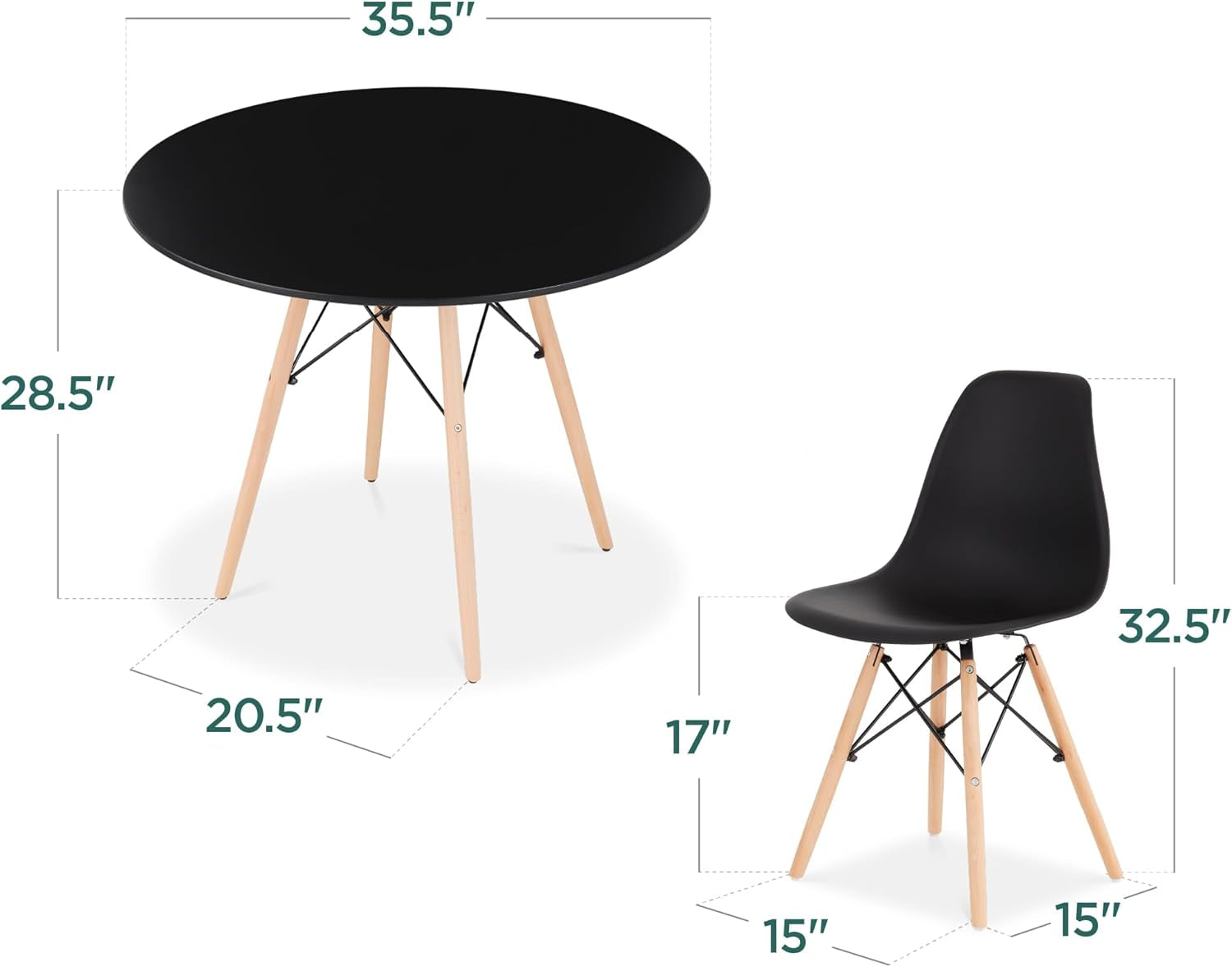 5-Piece Dining Set, Compact Mid-Century Modern Table & Chair Set for Home, Apartment W/ 4 Chairs, Plastic Seats, Wooden Legs, Metal Frame - Black/Oak