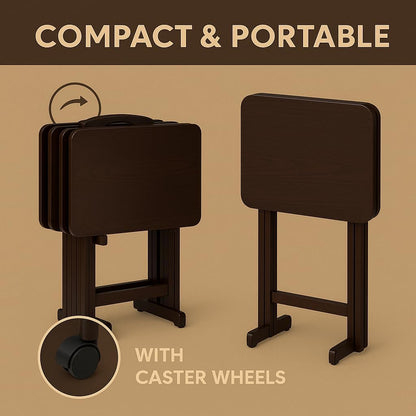 Folding TV Tray Set of 5 - Durable Small Folding Tables, X-Frame Design, Convenient Snack Tray Tables, Easy Assembly, Ideal for Living Room & Dining (Espresso)