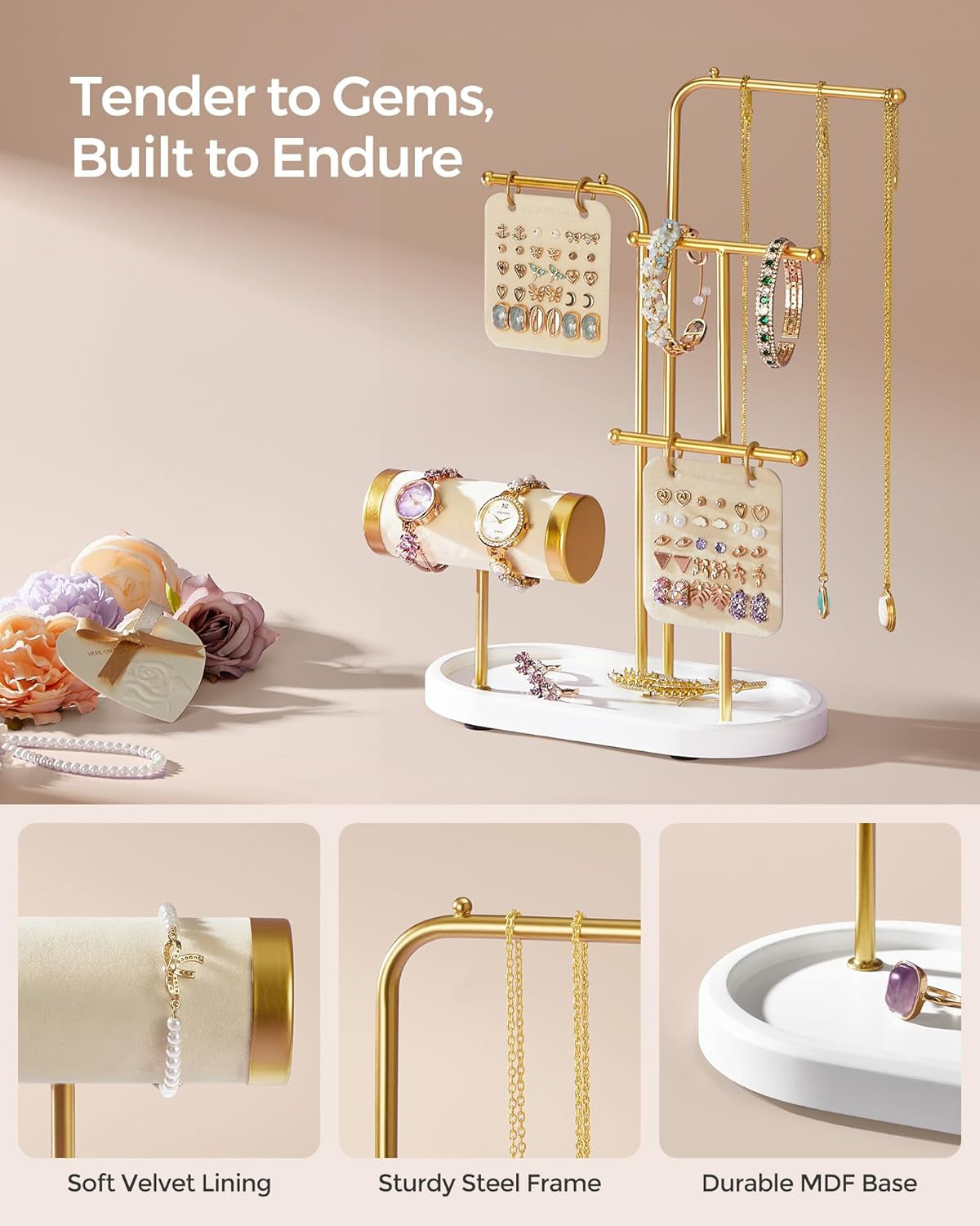 Jewelry Stand, Jewelry Organizer, Jewelry Display Holder with Metal Frame, 2 Earring Boards, 4 Hanging Rods, Necklace Earring Bracelet Holder, for Watches, Metallic Gold UJJS025A01