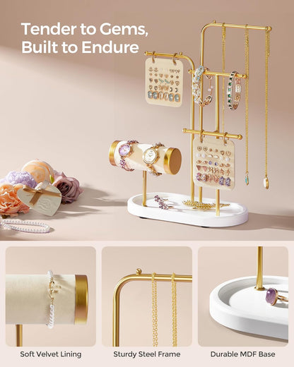 Jewelry Stand, Jewelry Organizer, Jewelry Display Holder with Metal Frame, 2 Earring Boards, 4 Hanging Rods, Necklace Earring Bracelet Holder, for Watches, Metallic Gold UJJS025A01