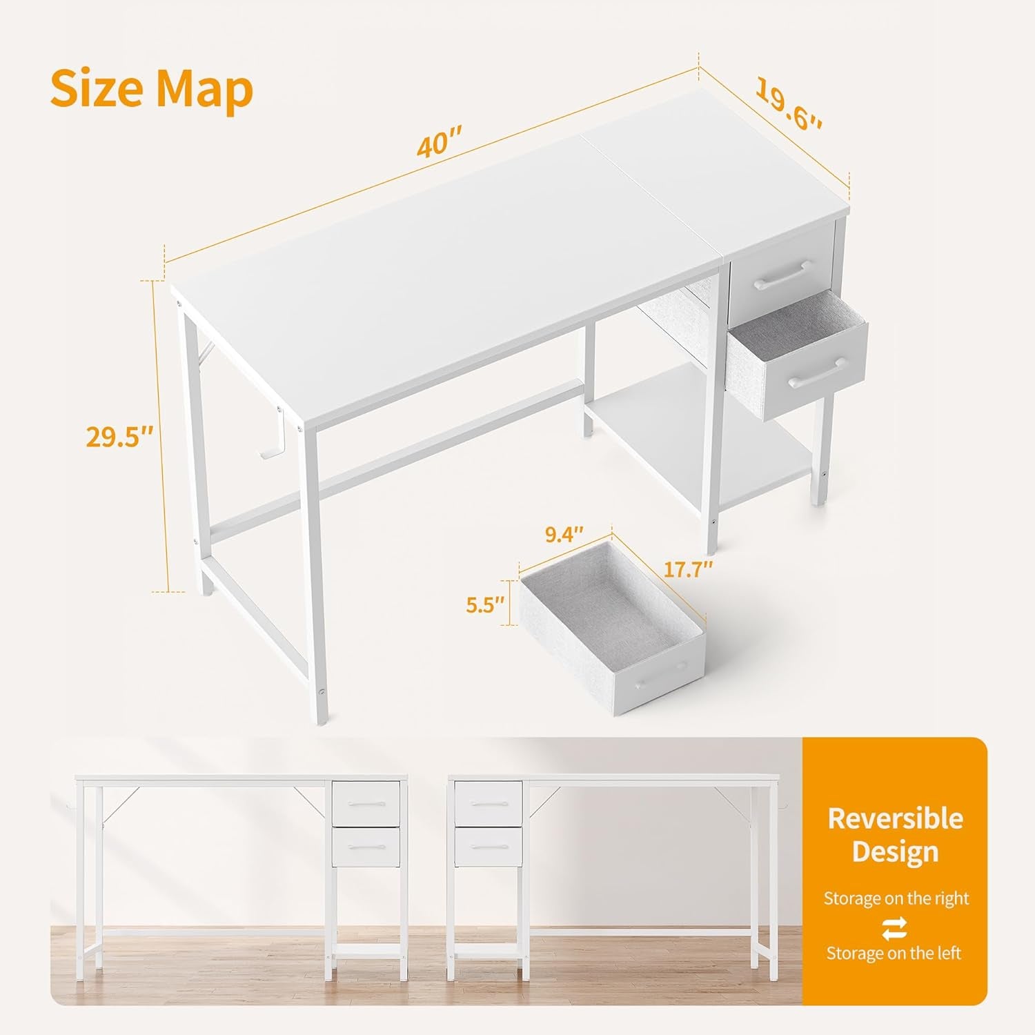 Computer Desk with 2 Drawers, 40 Inch Small Home Office Desk with Storage Study Writing Table, Pure White