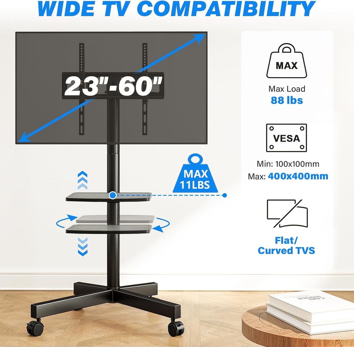 Mobile TV Stand for 23-60 Inch LCD LED Flat/Curved Panel Screen Tvs up to 88 Lbs, Rolling TV Stand with Adjustable Shelf & Tilt, Portable Floor Stand on Wheels for Bedroom, Living Room, Office