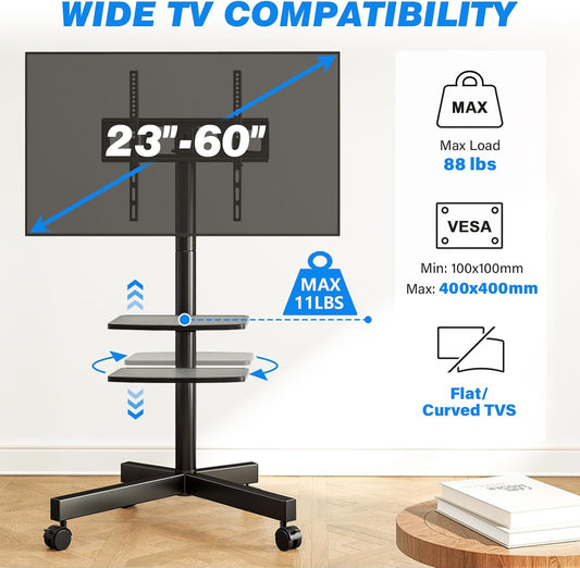 Mobile TV Stand for 23-60 Inch LCD LED Flat/Curved Panel Screen Tvs up to 88 Lbs, Rolling TV Stand with Adjustable Shelf & Tilt, Portable Floor Stand on Wheels for Bedroom, Living Room, Office