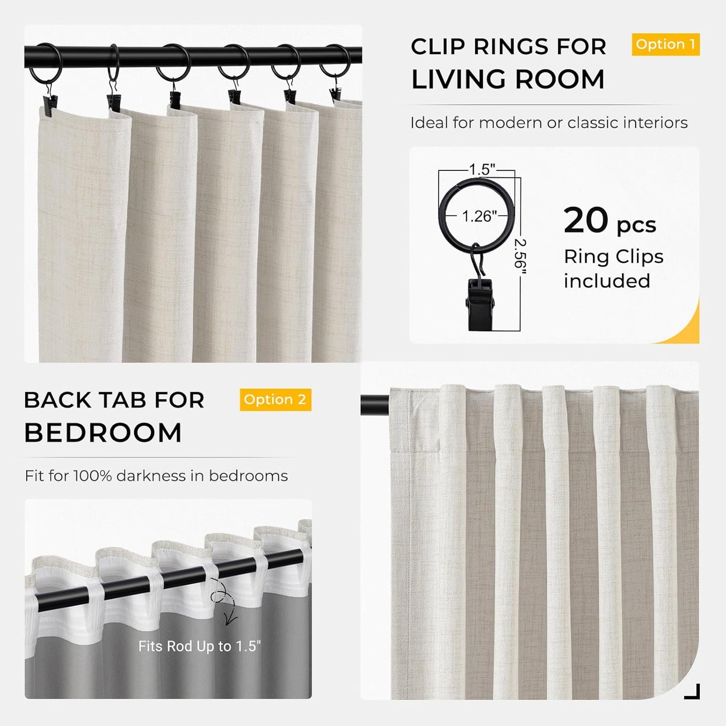 100% Blackout Curtains for Bedroom, Black Out Curtains 84 Inch Long, Clip Rings Linen Blackout Drapes, Thermal Insulated Room Darkening for Living Room, 2 Panels - Beige,W50Xl84