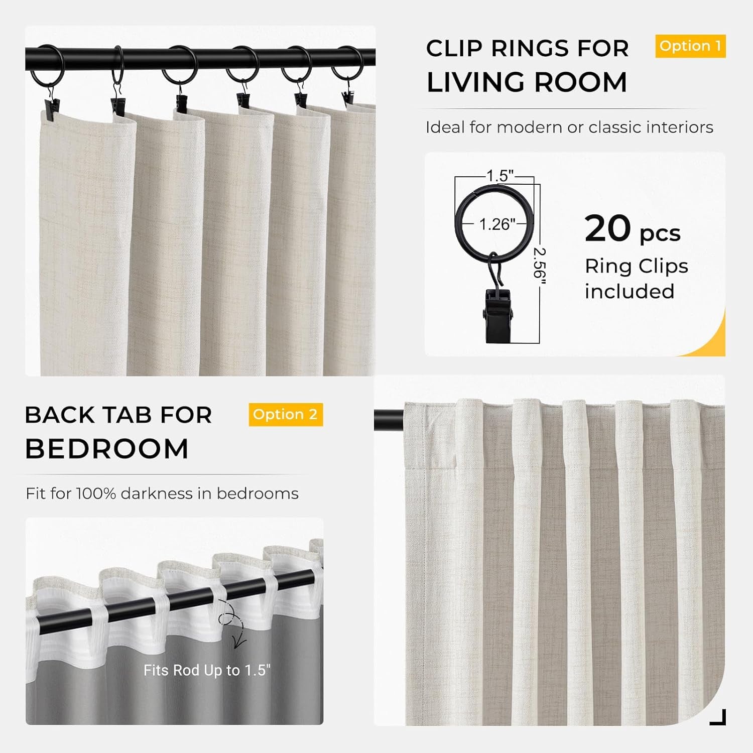 100% Blackout Curtains for Bedroom, Black Out Curtains 84 Inch Long, Clip Rings Linen Blackout Drapes, Thermal Insulated Room Darkening for Living Room, 2 Panels - Beige,W50Xl84