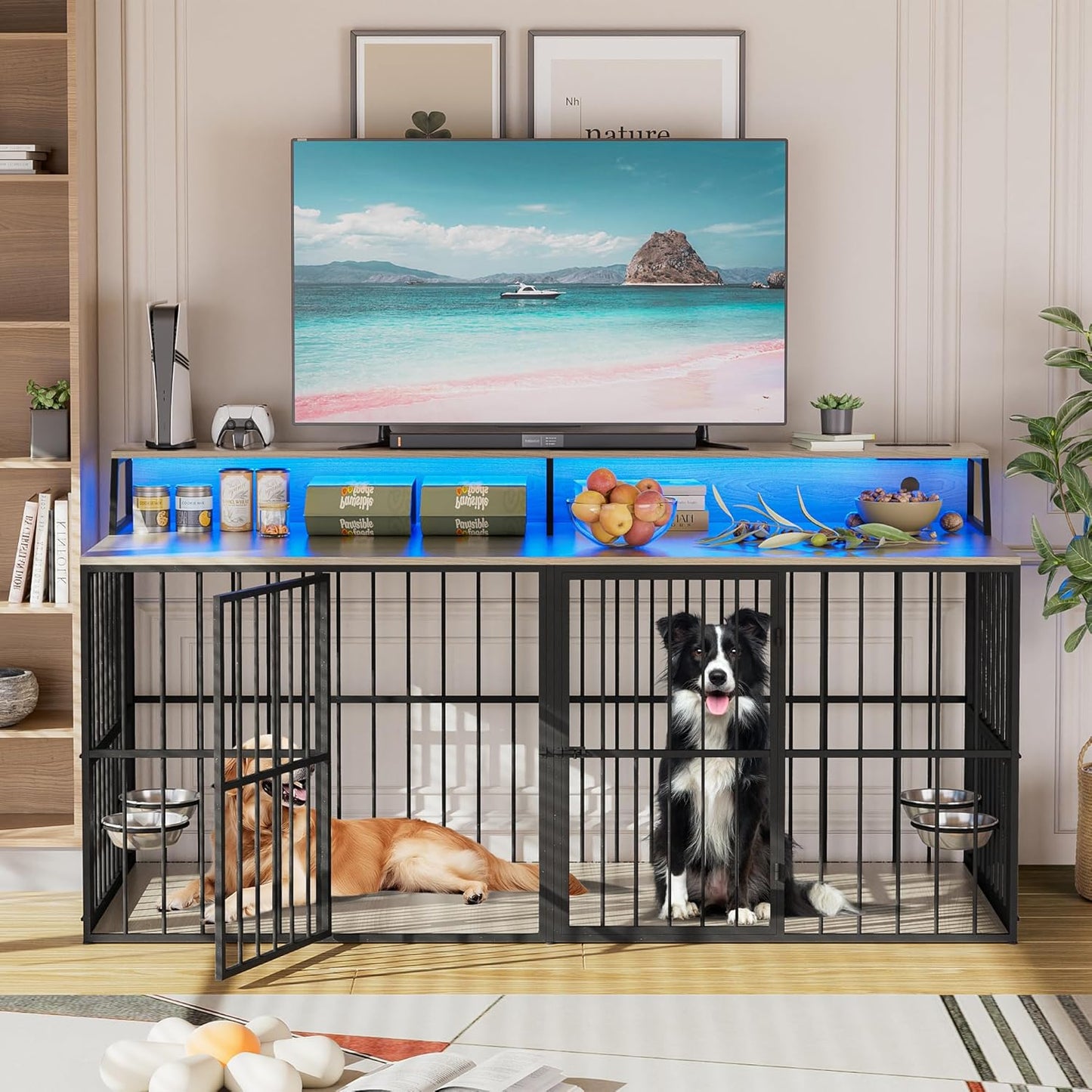 71.5" Dog Crate Kennel Furniture Indoor, Large Double Dog Crate TV Stand W/Led Light & Power Outlet, Furniture Style Wooden Dog Cage for Large Medium Dogs W/4 Lockable Doors & Rotating Bowls