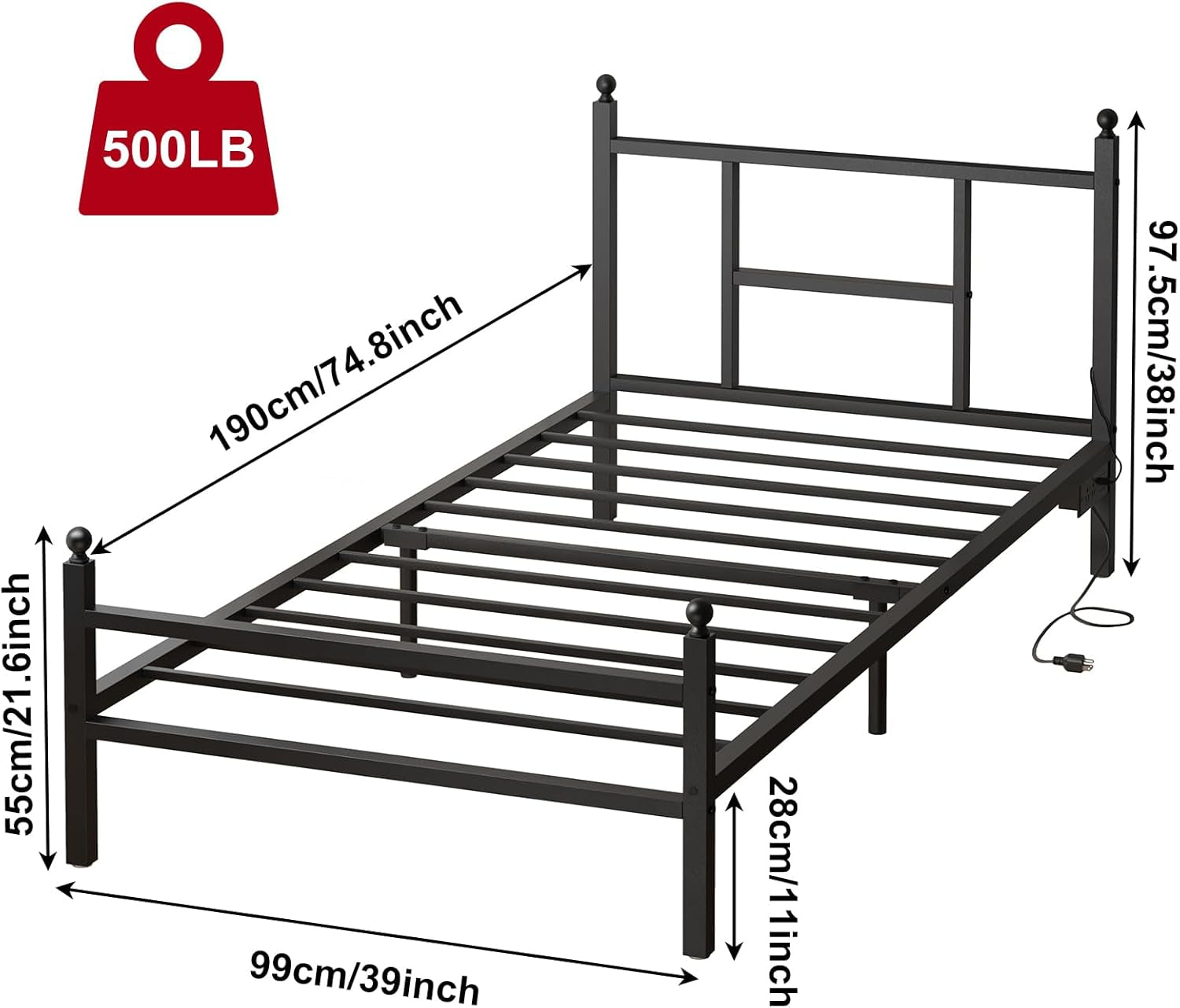 Twin Bed Frame with Charging Station, Metal Bed Frame with Port and Outlet, Black