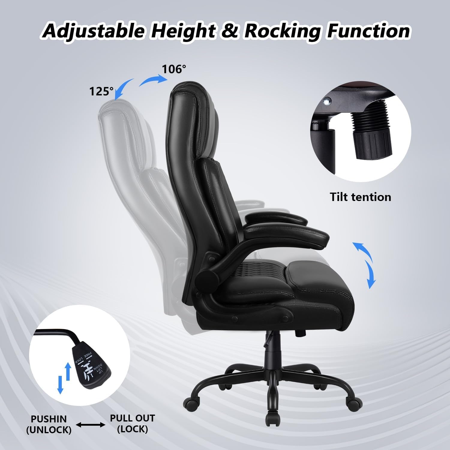 Big and Tall Office Chair, Ergonomic Leather Office Computer Desk Chair, Black Heavy Duty Office Chair with Flip-Up Armrest, Comfortable High Back Home Chair 400 LBS with Lumbar Support